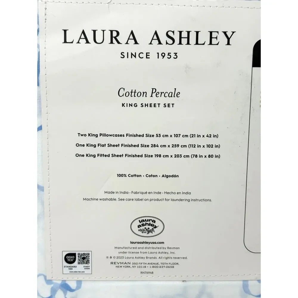Laura Ashley Blue Trailing Bows King Sheet Set Percale 100% Cotton Ribbons *READ